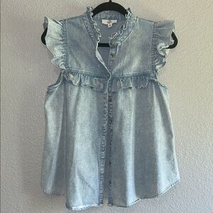 Entro Light Blue Ruffle Denim Blouse